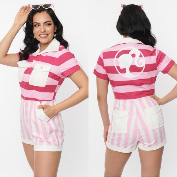 NWT Barbie™ x Unique Vintage Barbie™‎ Pink Multi Stripes Mia Romper - Picture 1 of 10